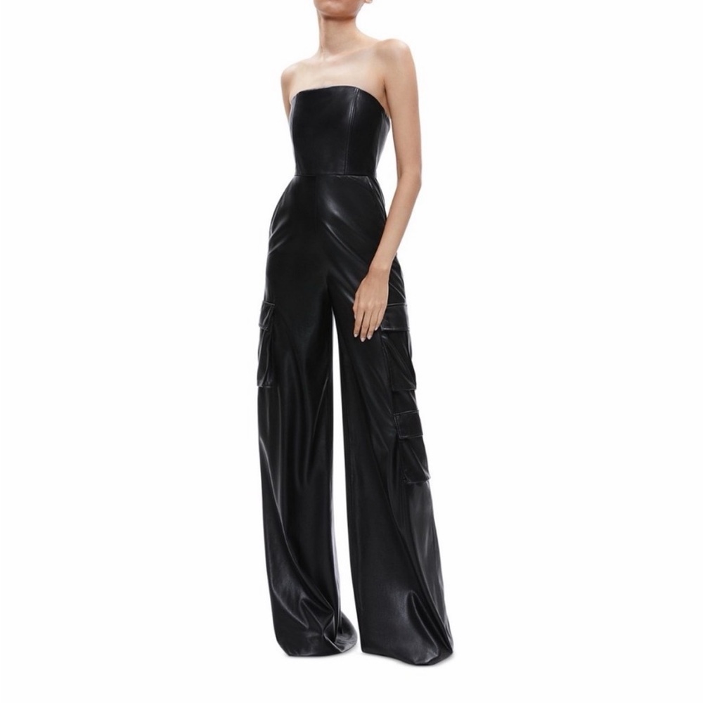 Alice and Olivia - Faux Leather Black Wide-Leg Jumpsuit (size 2)